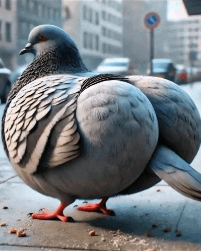 a pigeon standing on a sidewalk in front of a sign that says no parking