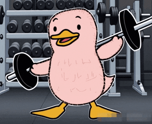 a cartoon duck lifting a barbell in a gym