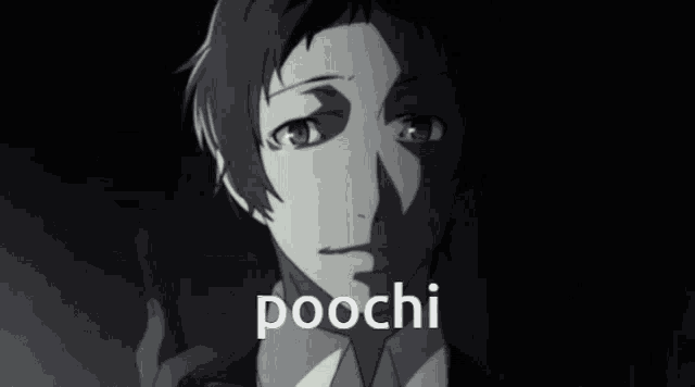 a black and white image of a man with the word poochi written above him