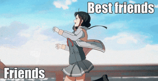 a girl in a school uniform is running with the words " best friends friends " above her