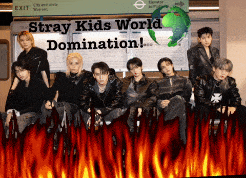 a poster for stray kids world domination shows a group of boys