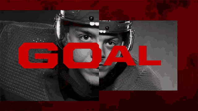 a black and white photo of a hockey player with the word goal in white letters