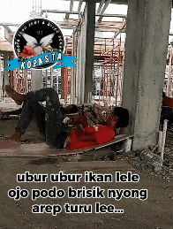 a man is laying on a bench in a construction site with a sign that says kopasta