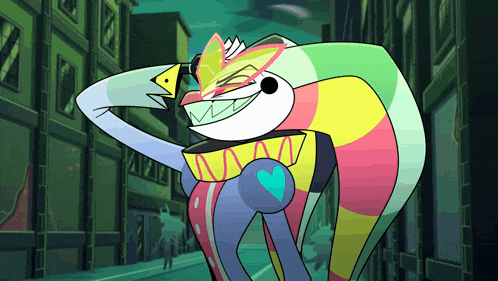 a colorful cartoon character with a heart in his butt