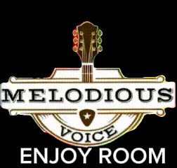 a sign for melodious voice enjoy room with a guitar on it