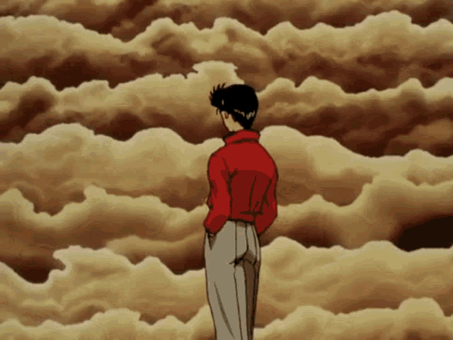 a man in a red jacket and white pants stands in front of a cloudy sky