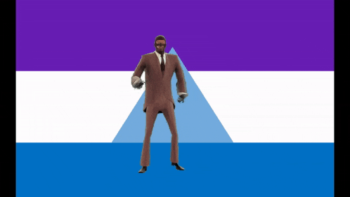 a man in a suit is standing in front of a purple and white flag