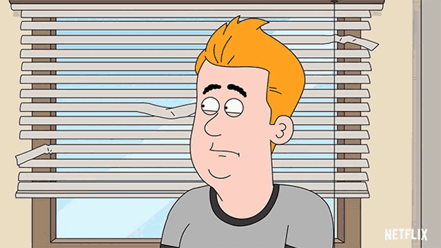 a cartoon of a man looking out of a window with blinds open
