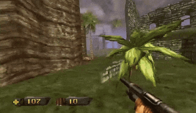 a video game is being played with a gun and the number 107 on the screen