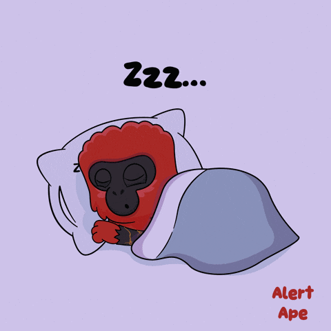 a cartoon of a gorilla sleeping under a blanket with the text alert ape below it