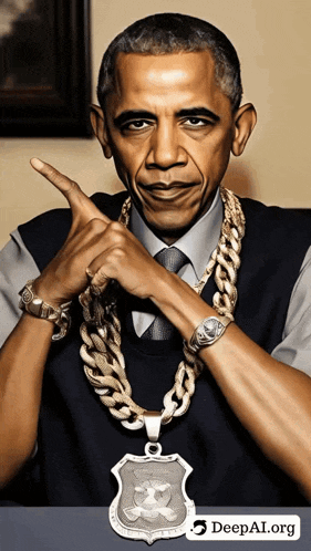 a picture of barack obama wearing a chain and a shield necklace with deepal.org written on the bottom