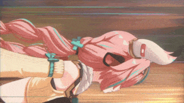 a girl with long pink hair is wearing a white hat with a red letter o on it