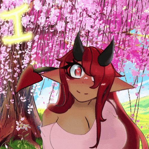a drawing of a girl with horns and a heart in her eye