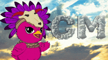a pink bird with a skull on its head and the word mgm