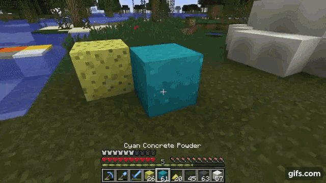 a screenshot of a minecraft game with a blue cube and a yellow cube