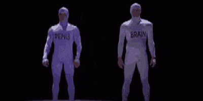 a man in a white suit with the word brain on his chest is standing next to another man in a purple suit .