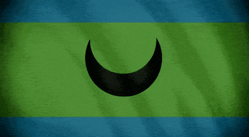 a green and blue flag with a crescent moon in the middle