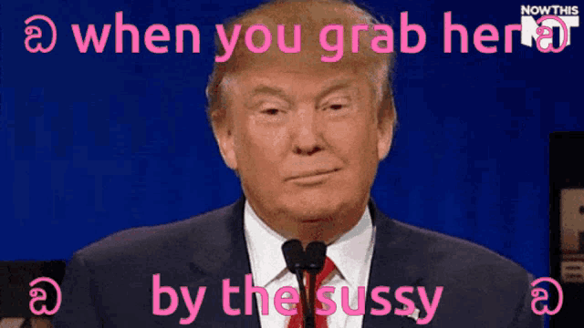 a picture of donald trump with the words when you grab her by the sussy below him