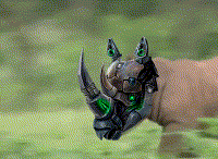 a rhino wearing a robotic helmet is standing in a field