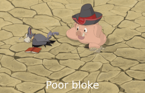 a cartoon drawing of a pig and a donkey with the words poor bloke below them