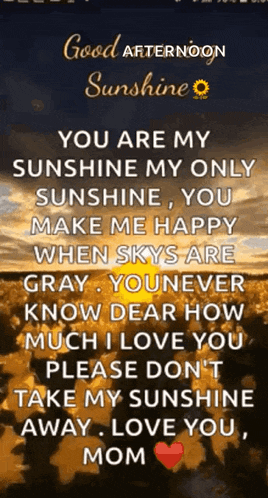 good afternoon sunshine you are my sunshine my only sunshine , you make me happy when skies are gray