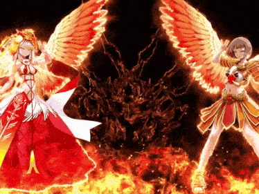 two anime characters are standing next to each other in front of a fire background