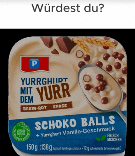 a box of schoko balls yogurt with a spoon in it