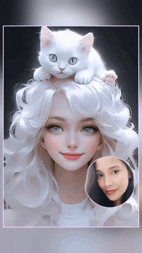 a painting of a girl with a white cat on her head