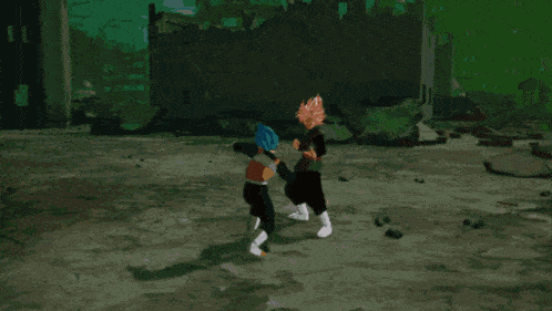 a cartoon character with blue hair is holding a sword in his hand