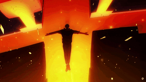 a man is flying through the air with his arms outstretched in the air