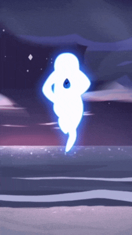 a white ghost is floating in the air with a purple sky in the background