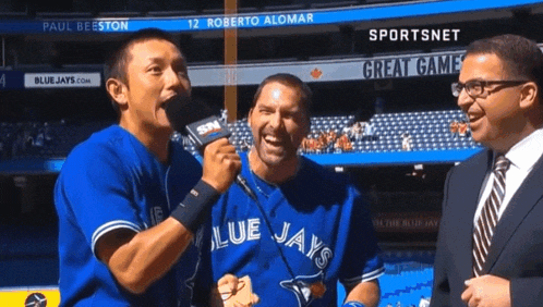 blue jays player roberto alomar is interviewed by a sportsnet reporter