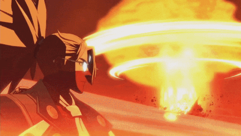 a cartoon character is standing in front of a huge explosion