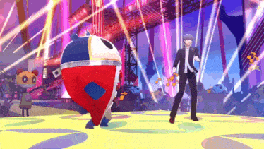 a man and a cartoon character are dancing on a stage in a video game