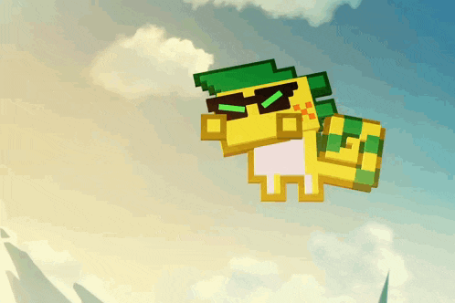 a pixel art character with sunglasses and a green hat is flying in the sky