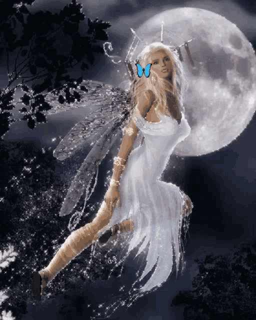 a fairy in a white dress with a blue butterfly on her head is flying in front of a full moon
