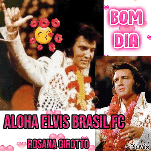 a collage of photos of elvis presley with the words bom dia