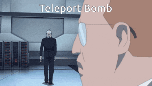 a man in a suit is standing in front of a teleport bomb sign