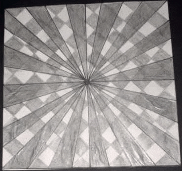a black and white drawing of a square with a checkered pattern and rays coming out of the center .