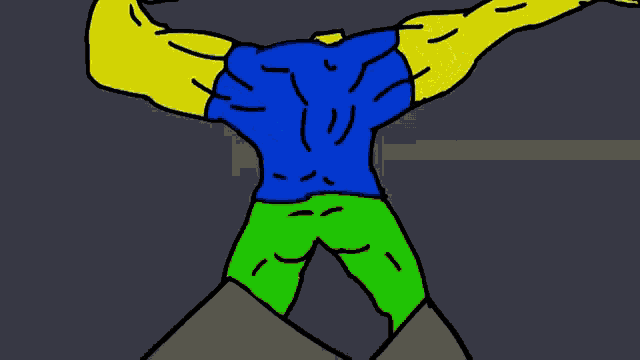 a cartoon of a man flexing his muscles with a red and yellow background