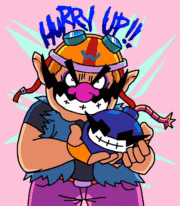 a cartoon character is holding a bomb with the words hurry up written on it