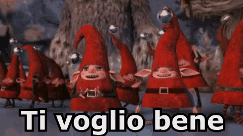 a group of gnomes are standing in a line with the words ti voglio bene written on the bottom .