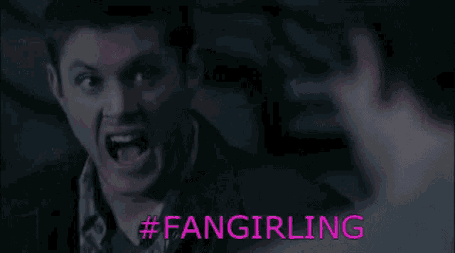 a man is yelling at another man with the hashtag #fangirling on the bottom