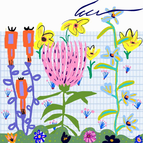 a drawing of flowers on a checkered background with the letter e on the bottom right