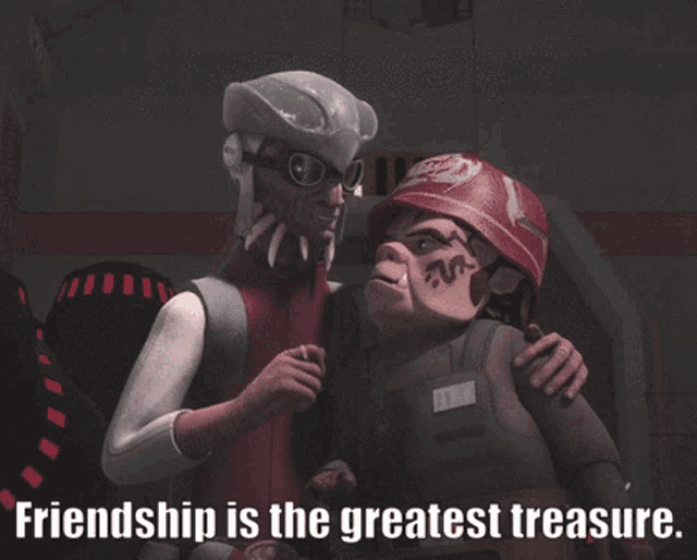 two cartoon characters with the words friendship is the greatest treasure below them