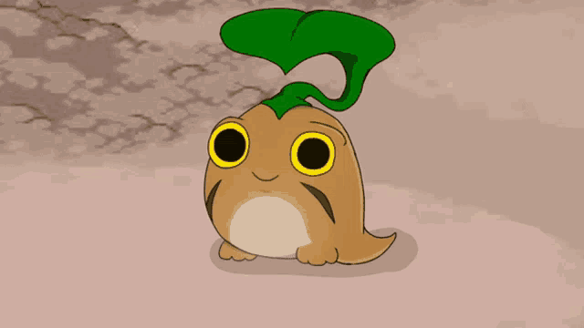 a cartoon character with big eyes and a green leaf on its head