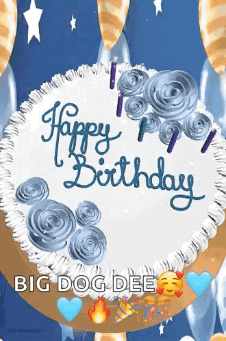 a birthday cake with blue frosting and candles on it
