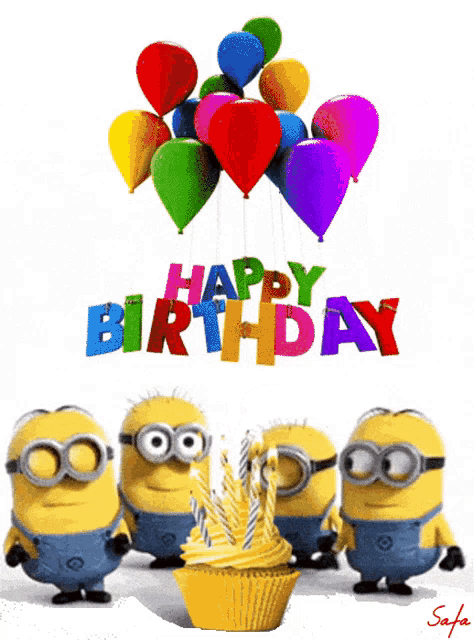 a group of minions standing next to a cupcake with candles and balloons that say happy birthday