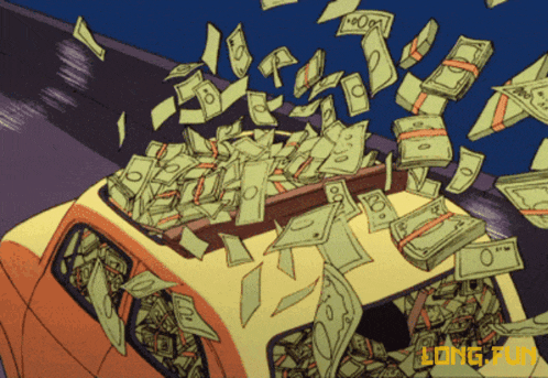 a bunch of money is falling from the roof of a car and the word long fun is on the bottom