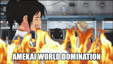 a girl is surrounded by flames with the words amekai world domination